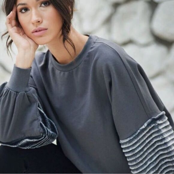 Young Fabulous and Broke Gray Faux Fur Stripe Sleeve Cozy Pullover - Picture 4 of 16